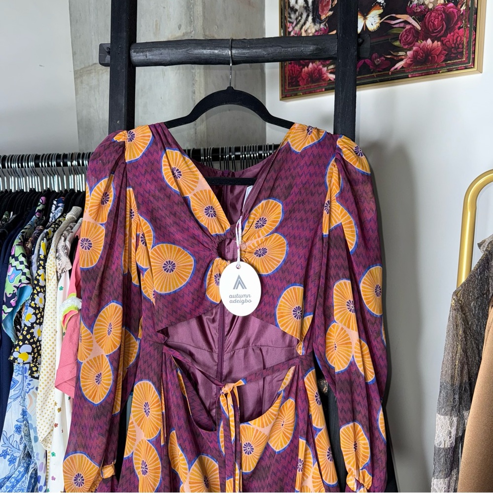 Autumn Adeigbo Amelie Printed Cut-Out Mini Dress Purple Womens 4 New NWT - Picture 9 of 17